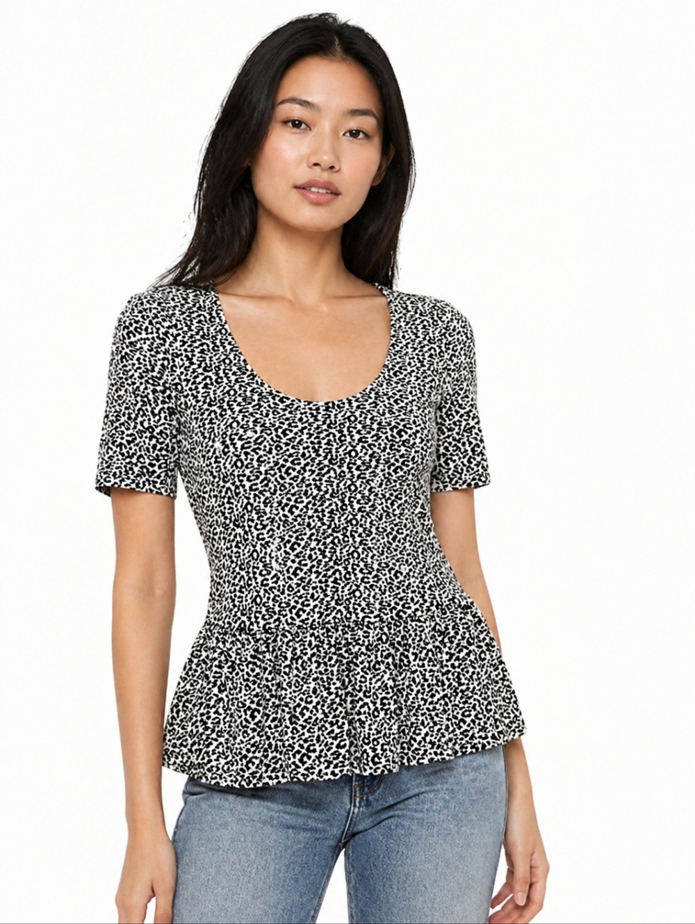 Maeve Leopard Print Peplum Top Black White Short Sleeve Size Large